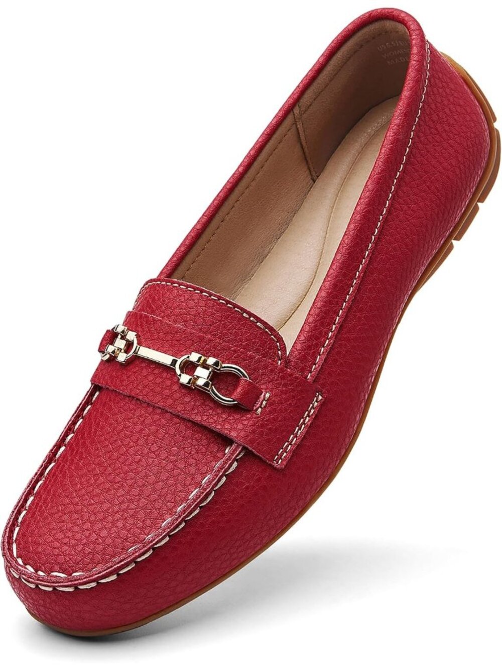 Women's Red Comfortable & Lightweight Leather Loafers Slip-On Flats Shoes